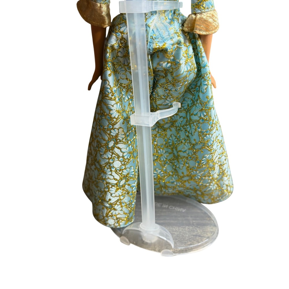 Mattel Barbie Princess Doll Blue Gold Floral Brocade‎ Gown Brown Hair with Stand - Picture 5 of 9